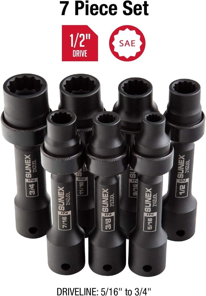 SUNEX 7-PC 1/2" Drive SAE 12-Point Driveline Socket Set