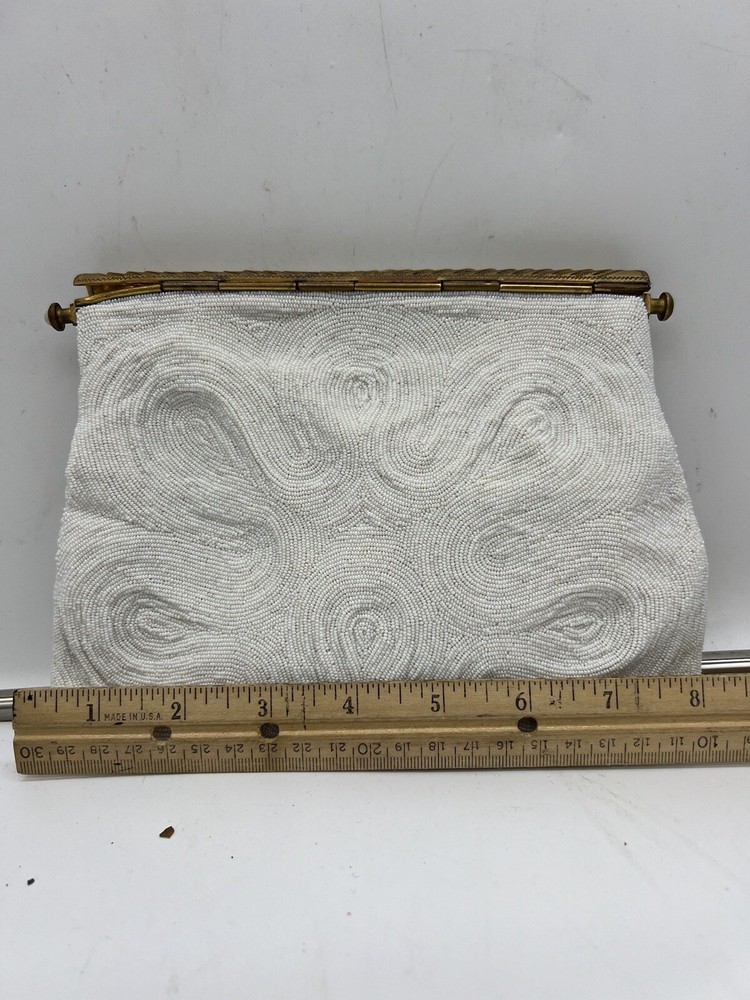 1950s White Micro Seed Bead Handbag Purse With Beaded