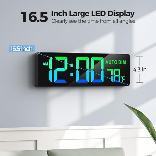 16.5" Large Digital Wall Timer Clock with Countdown Timer, Auto Dimmer, Black