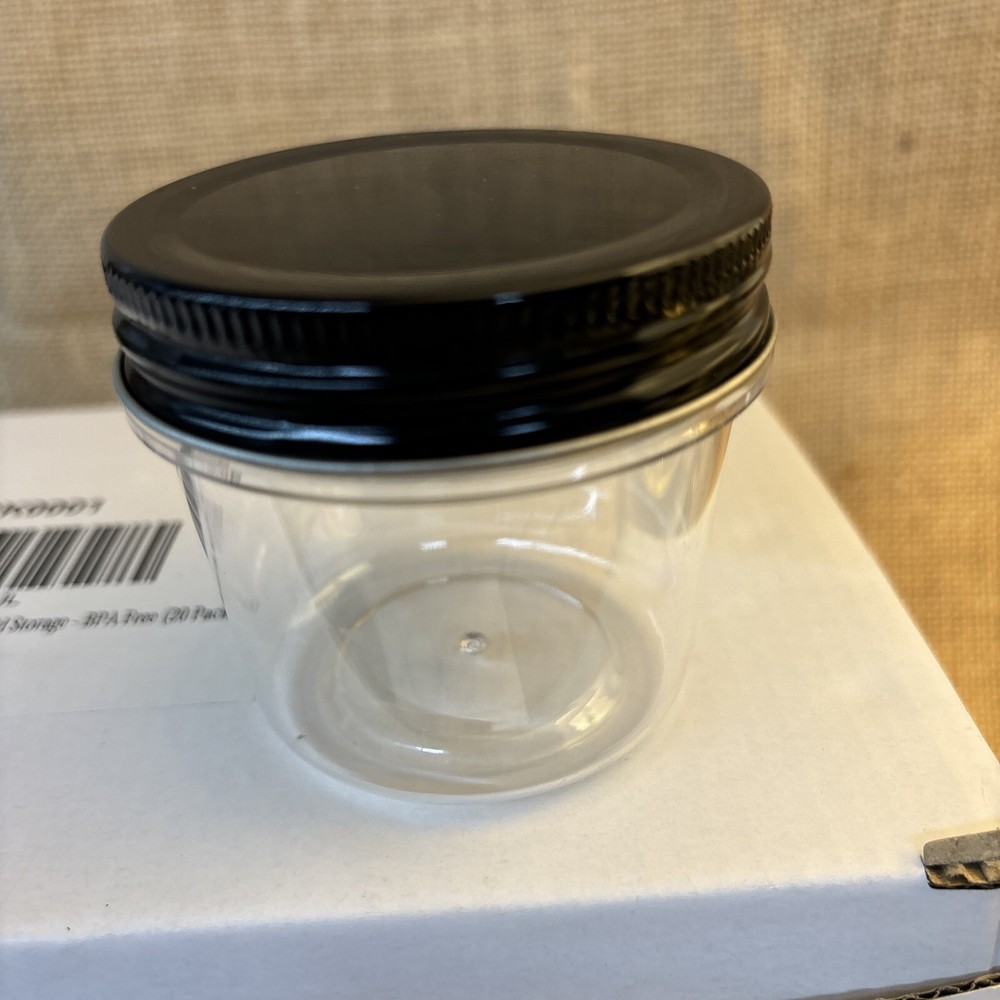 4oz Clear Plastic Jars with black Lids & Labels ( 20 Pack)