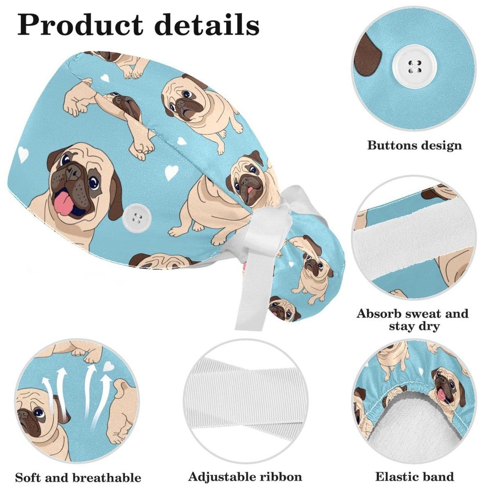 Funny Frogs Pattern Scrub Cap Adjustable Working Button Bouffant Hair Scrunchy