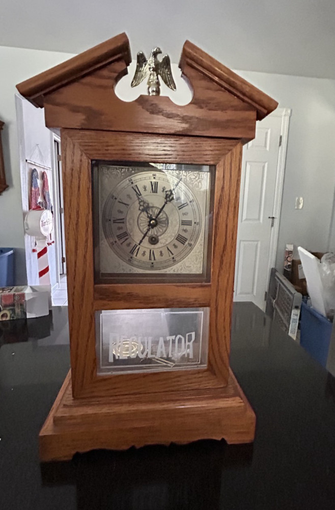 Vintage Oak Regulator Wall Clock Brass Eagle Finial Key Wind