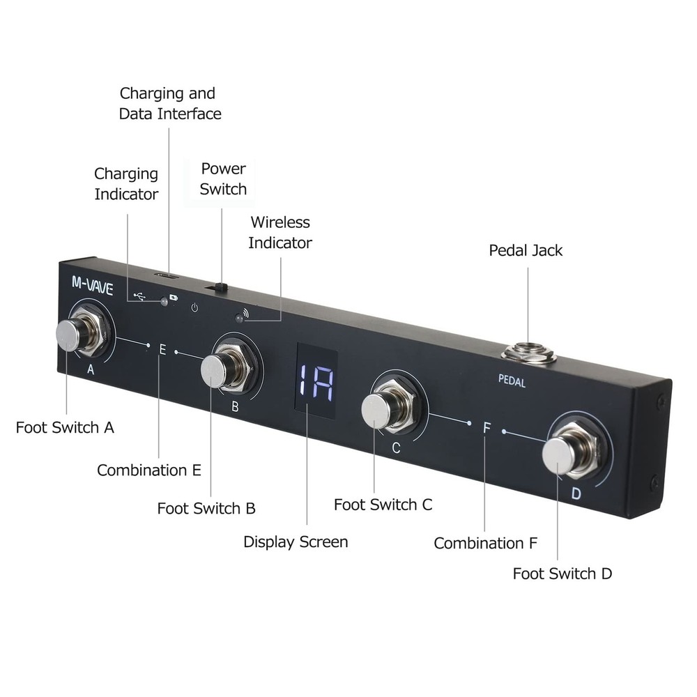 BT MIDI Foot Controller Wireless MIDI Controller Rechargeable 4 Buttons Pedal...