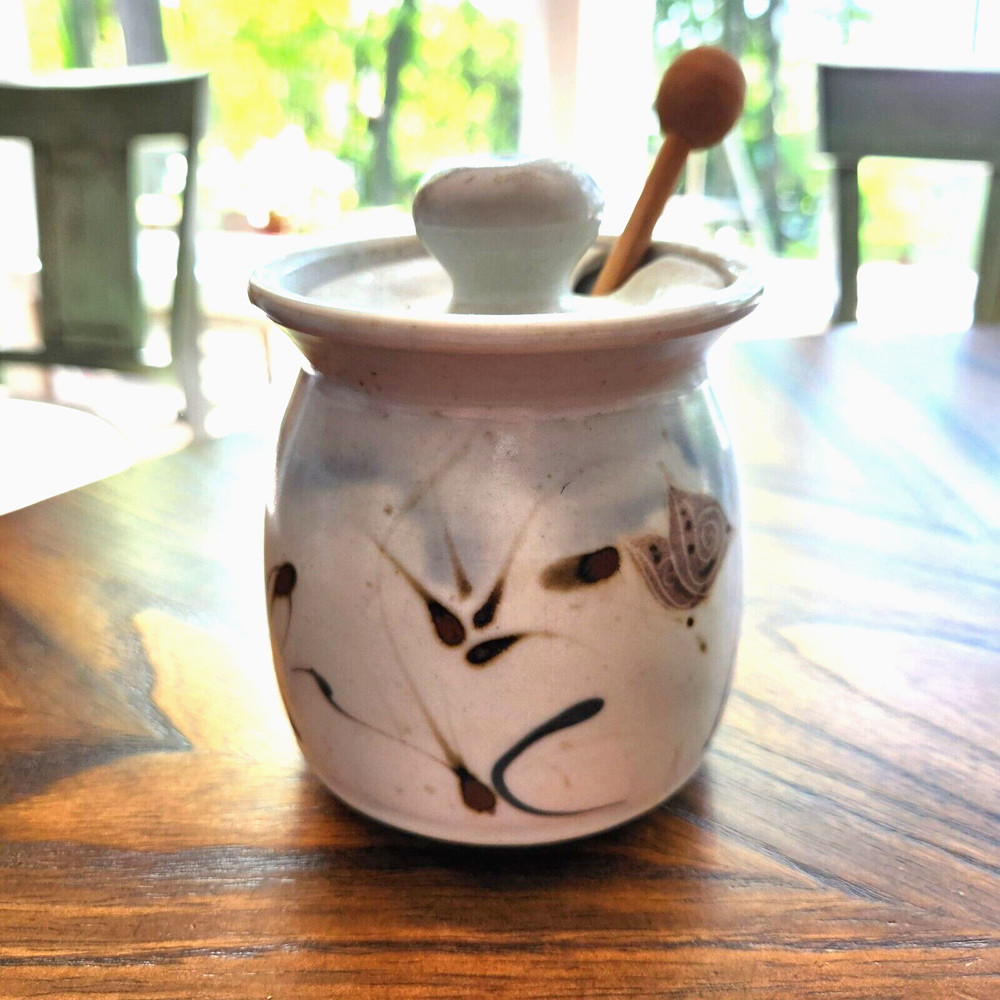 Hand Thrown Honey Jar Signed Pottery Botanical Handmade Blue & Tan