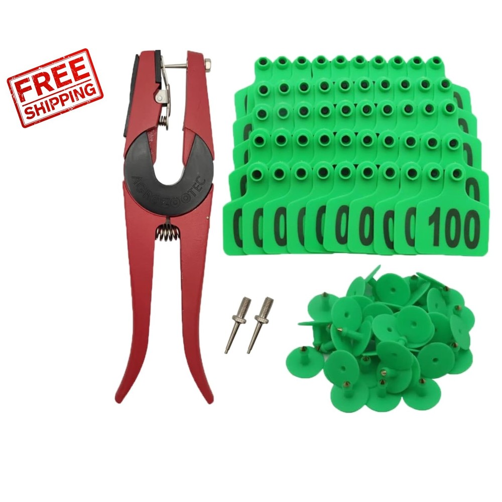 Livestock Ear Tagging System - 100 Plastic Numbered Tags & Applicator for Cattle