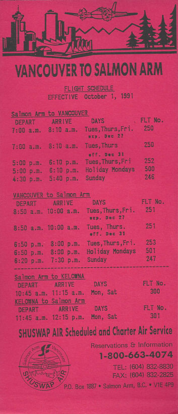 Shuswap Air system timetable 10/1/91 [4111]