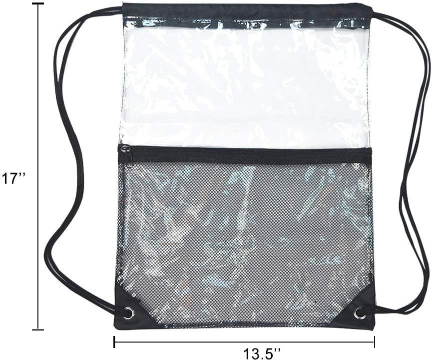 Clear Drawstring Bag, PVC Backpack with Front Zipper Mesh Black