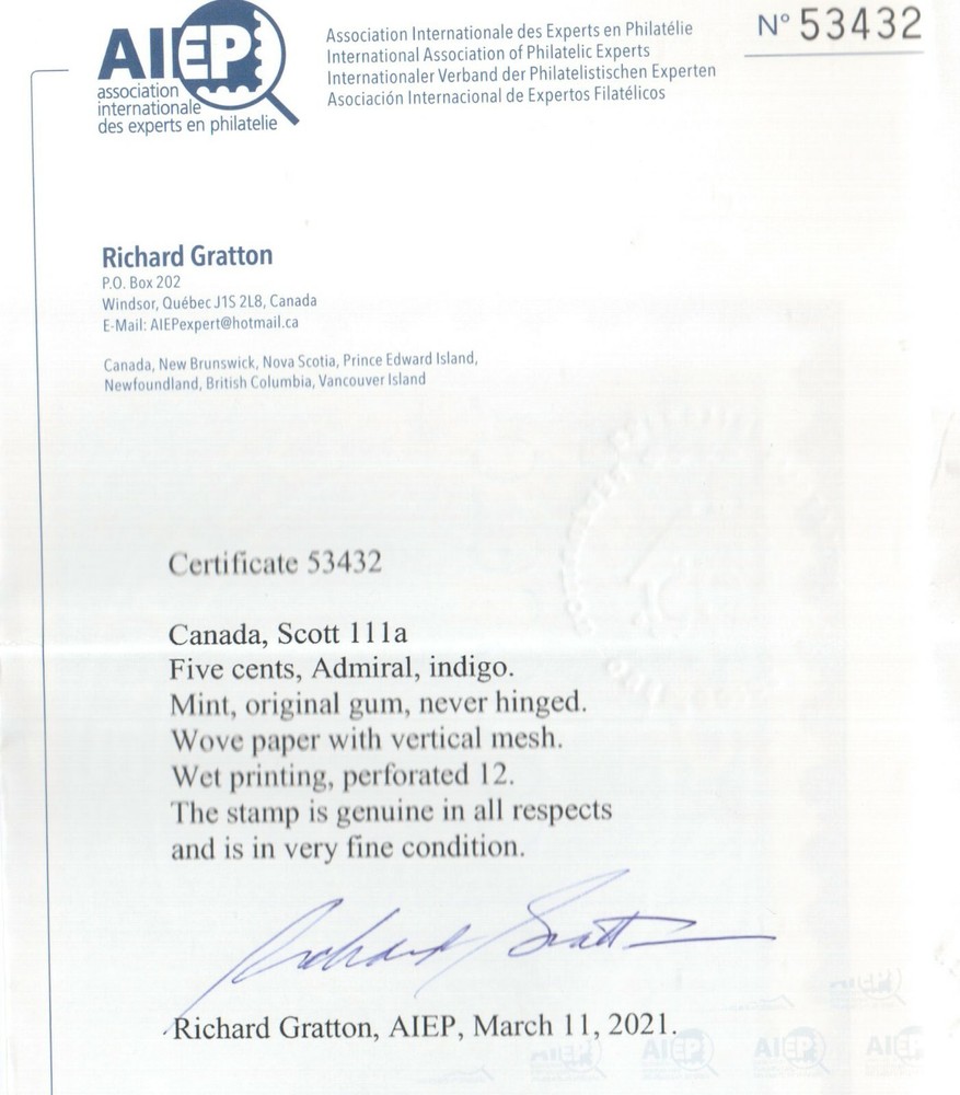 Canada #111a Very Fine Never Hinged **With Certificate**