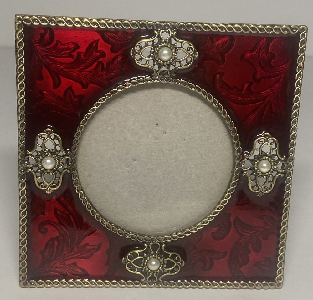 Vintage Victorian Goth Ruby Red Enamel & Pearl Ornate Square Picture Frame Vamp