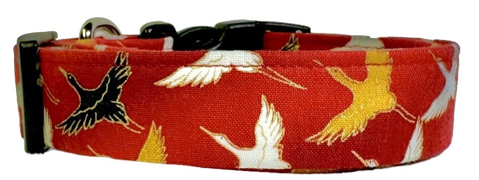Asian Metallic White Black Gold Cranes On Red Handmade Dog Collar