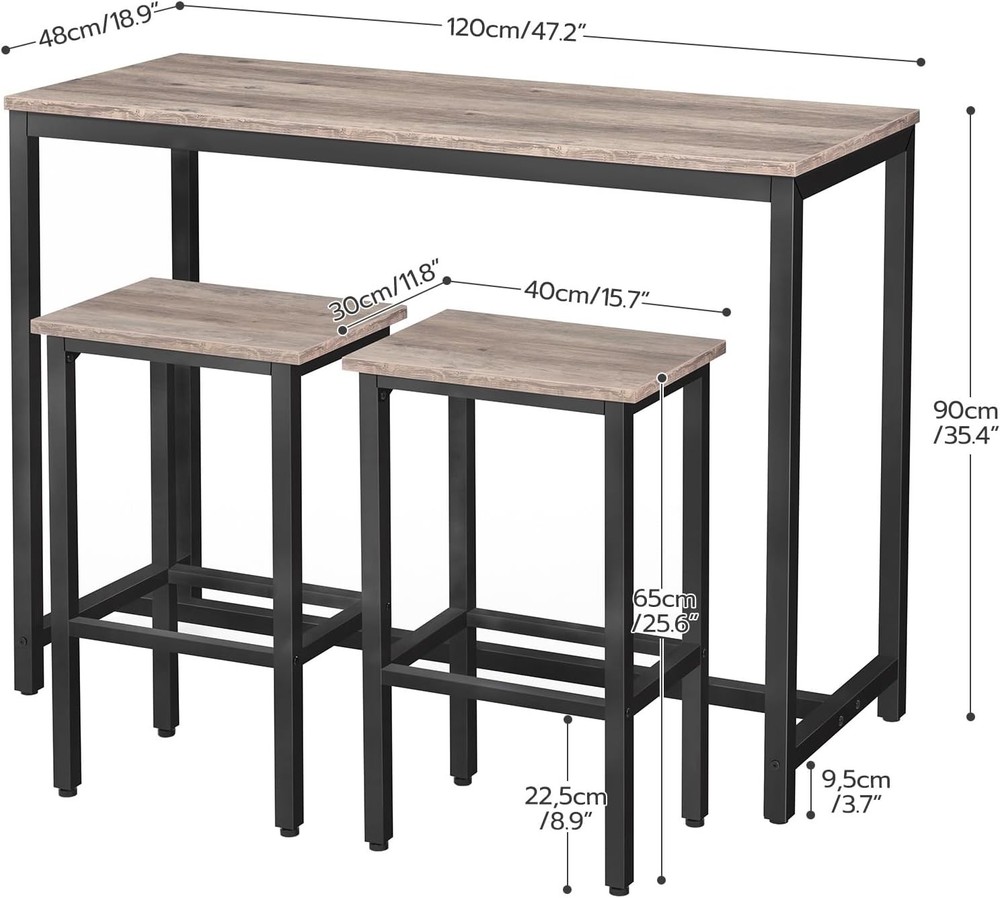 Bar Table & Chairs Set 47.2” Rectangular Pub Table W/ 2 Stools Small Space High