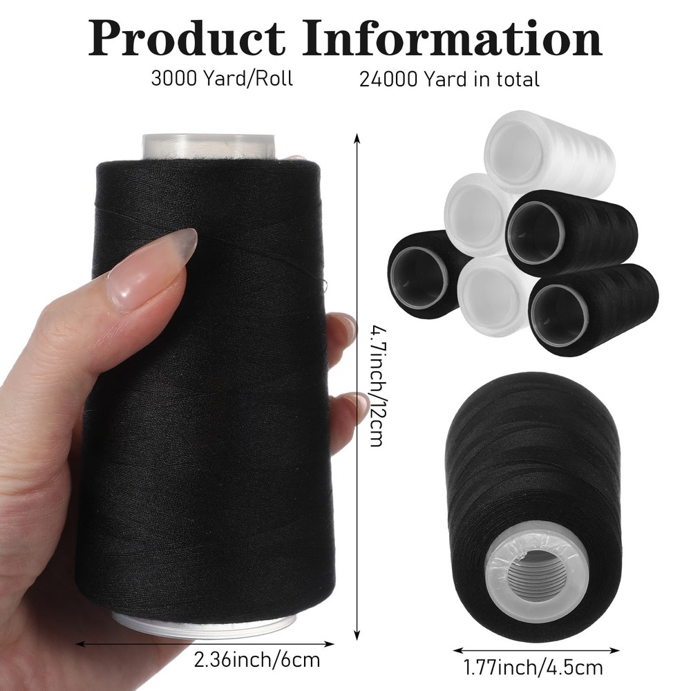 8 PCS Black White Sewing Thread 40S/2 3000 Yard Spool Serger Polyester Cone