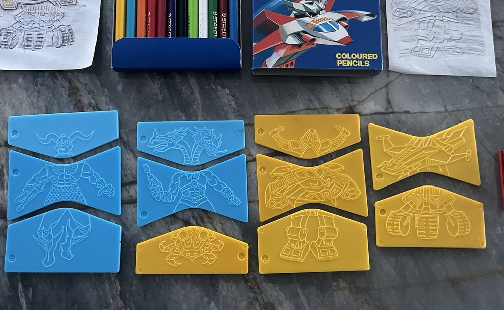 Blue Box Super Robots Stencils And Colored Pencils “SEE PICS”