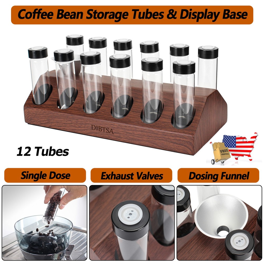 12 Single Dose Coffee Bean Storage Tubes Containers Exhaust Valves Display Base