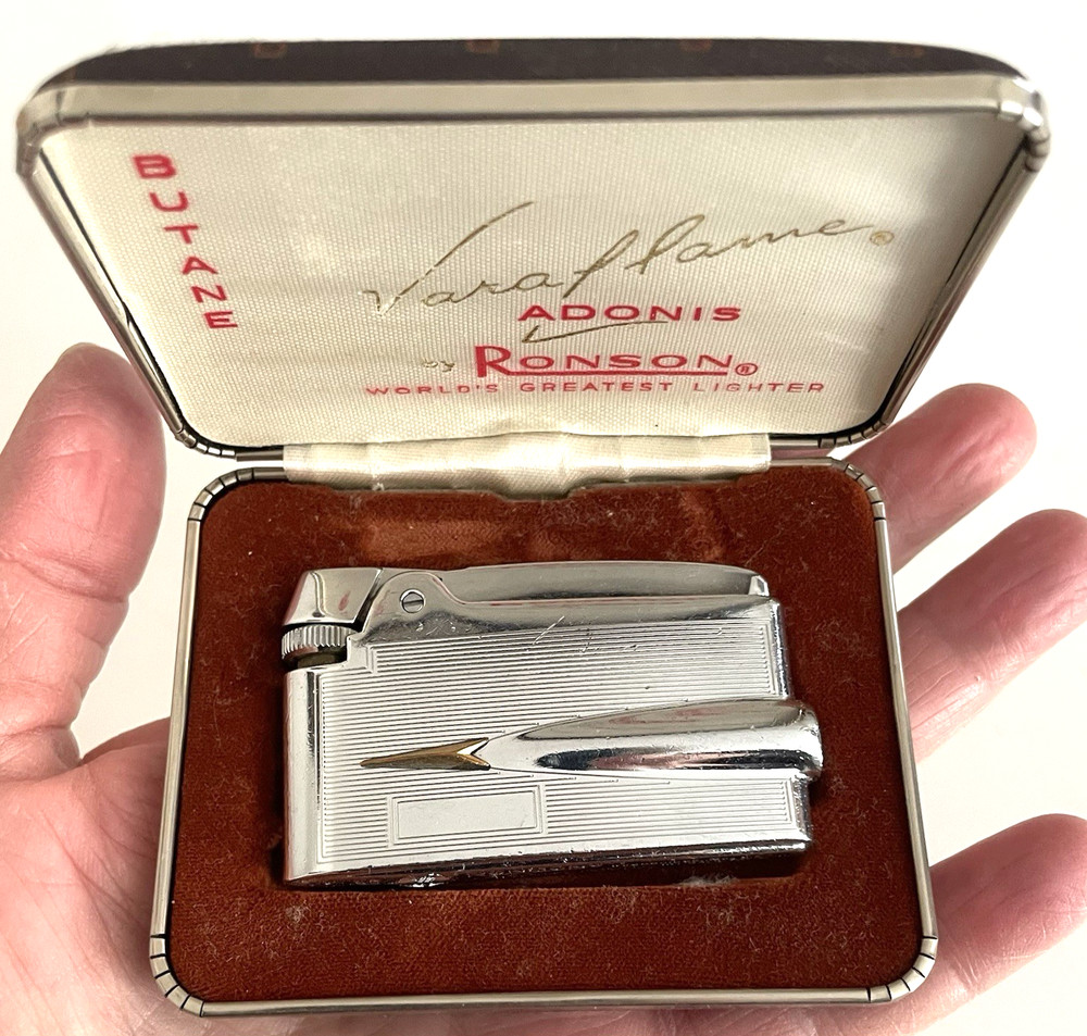 VARAFLAME ADONIS by RONSON Cigarette Lighter CHROME Model '60s BROWN CASE