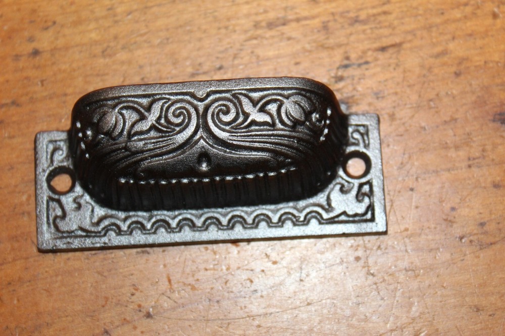 Restored Ornate Antique Victorian Cast Iron Bin Apothecary Cupboard Pull L-56