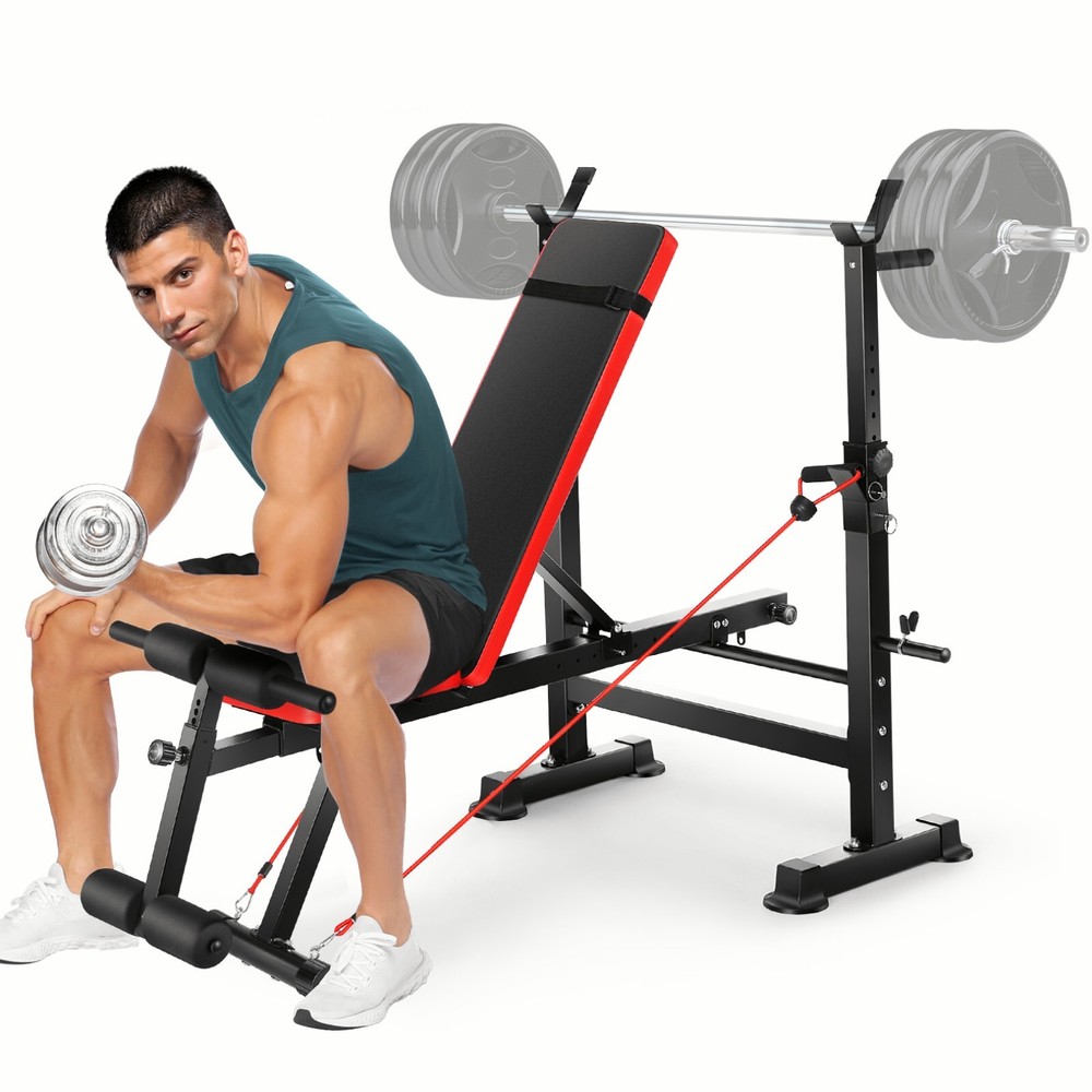 Adjustable Weight Bench Set with Squat Barbell Rack and Removable Foot Bracket