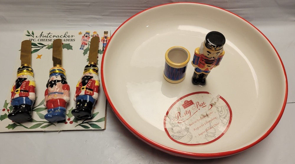 Nutcracker Serving Bowl Toothpick Holder & 3 Cheese Spreaders Knives Christmas