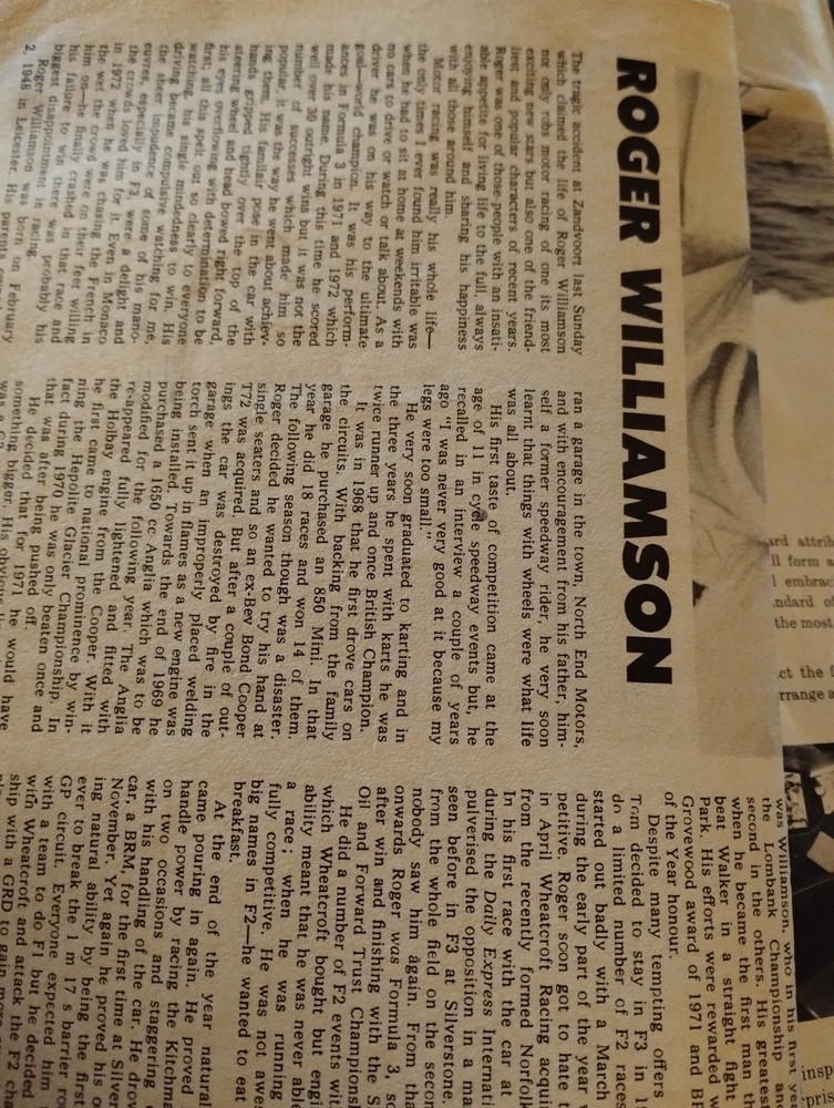 Sk256 Ephemera 1973 Article Motor Racing Roger Williamson