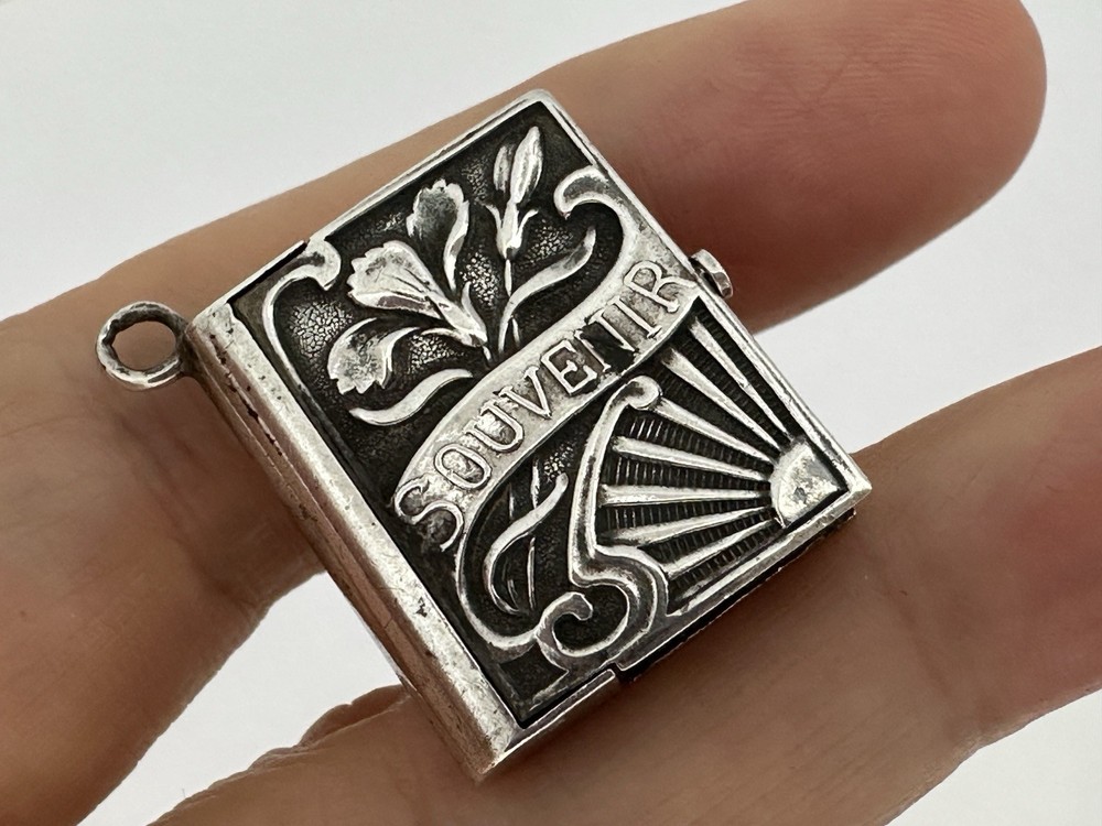 Antique Solid Silver Floral Book Pill Box