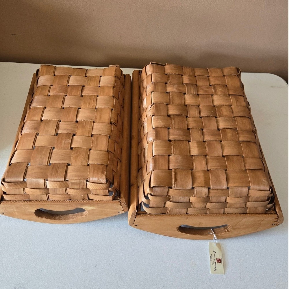 Home Interiors Woven Wood Nesting Baskets Set of 2 Rectangular Trays w/ Handles