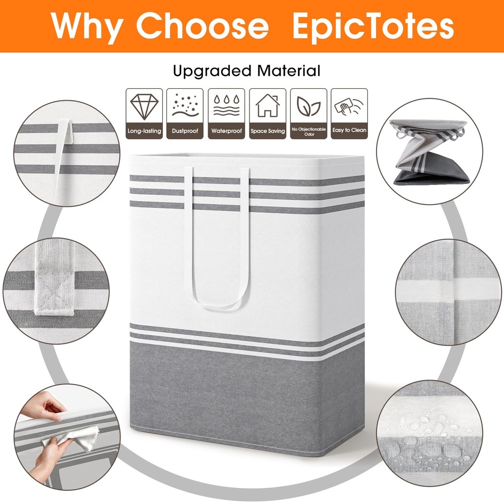 2 Pack Large Home Laundry Basket Hamper Freestanding Waterproof Light Grey