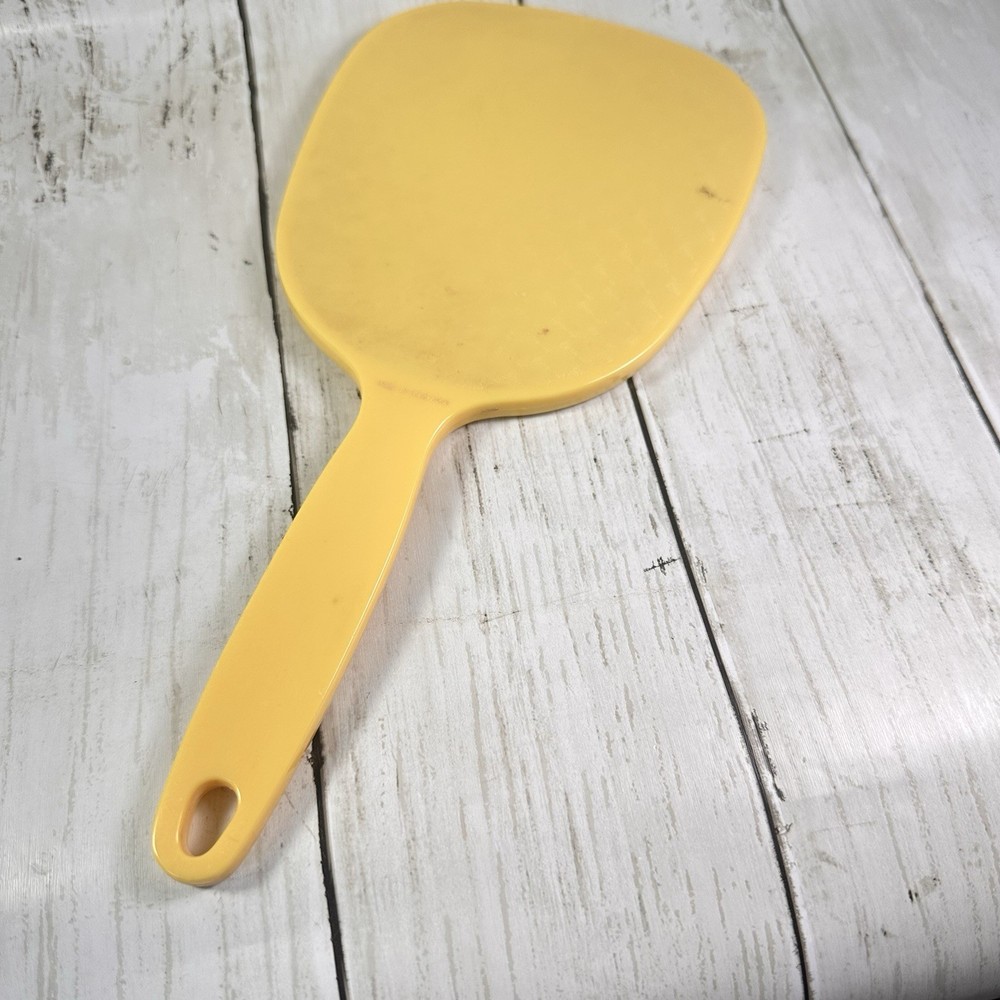 Beige Hand Mirror Plastic 11” Rectangular Textured Back Vintage Hong Kong