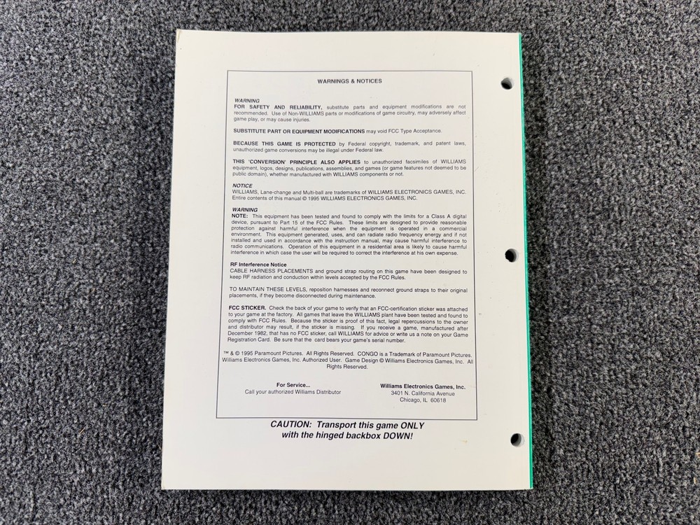 Williams Congo Pinball Machine Game Manual Schematics ORIGINAL