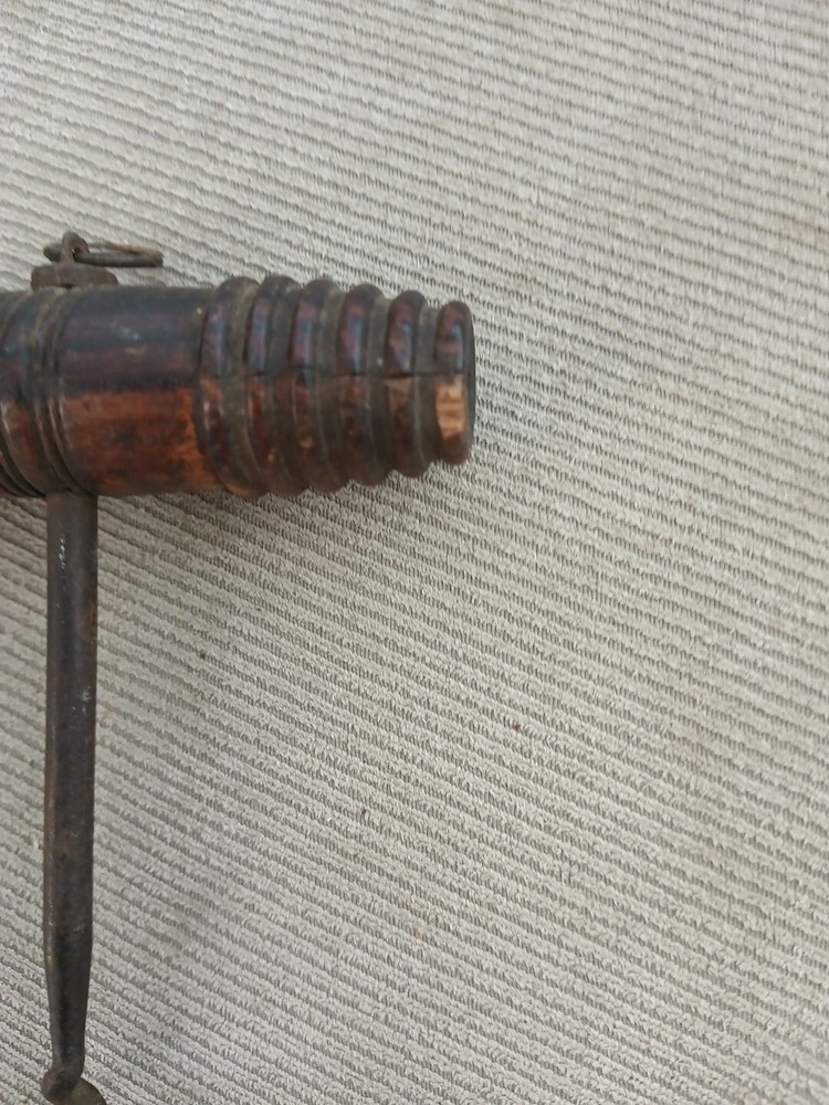 Antique Turned Timber Handle Corkscrew With Brush & Iron Work 18th Century