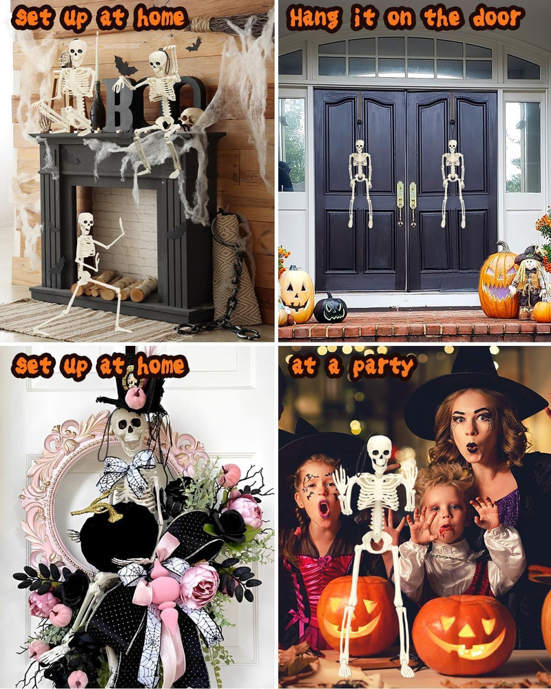 5pc Posable Skeleton Halloween Decorations w/ Spiders,16" Halloween Skeleton Dec