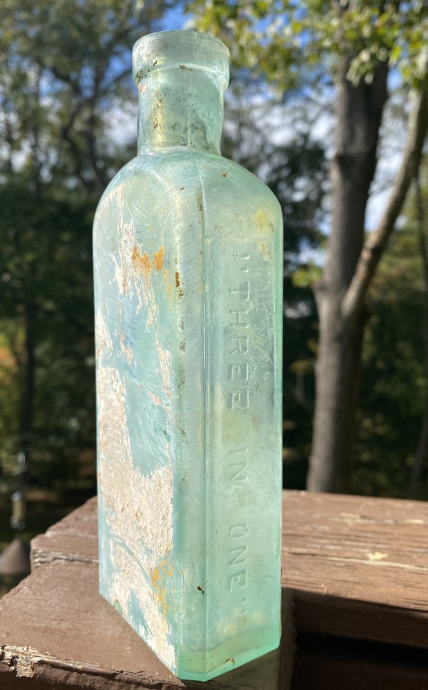 Three In One Oil Co, Blown Aqua Bottle