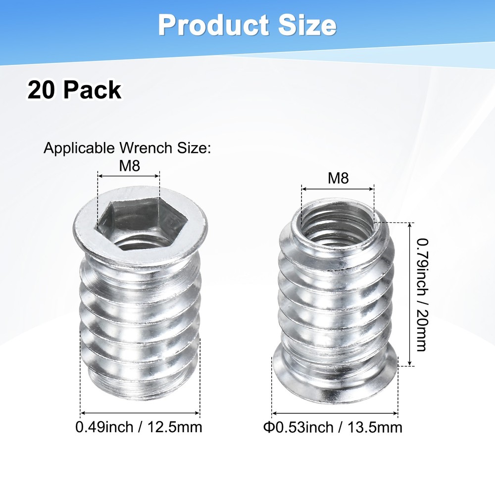 20-Pack Threaded Inserts for Wood, M8x20mm Threaded Insert Nuts [Silver Tone]