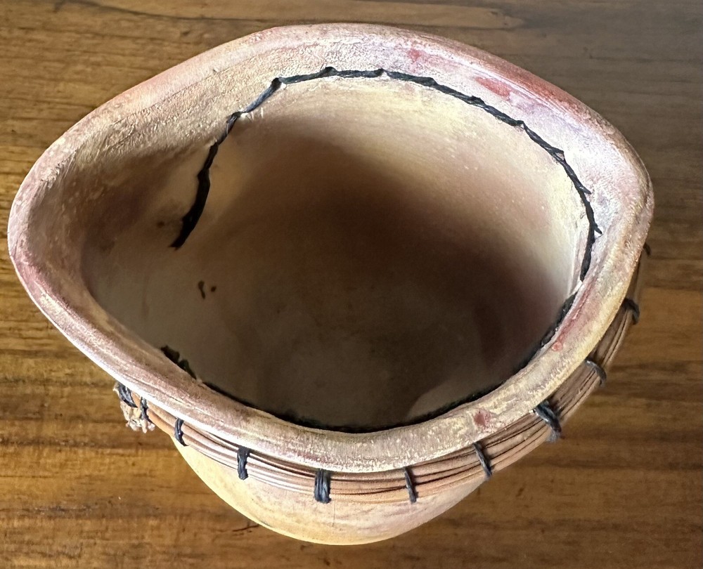 Pottery Vase Threaded Bamboo Rim, Primitive Pottery, Signed, Unique