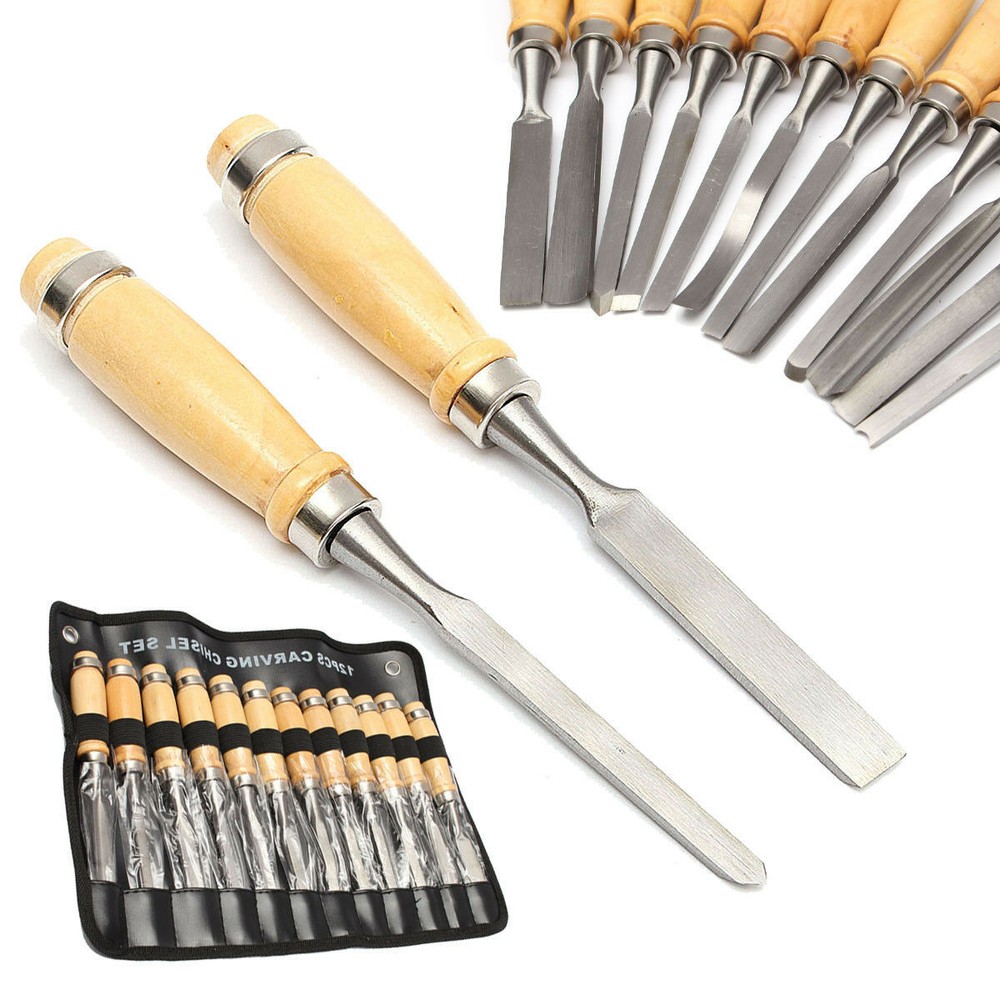 12Pcs Wood Carving Hand Chisel Tool Set Woodworking Professional Steel Gouges