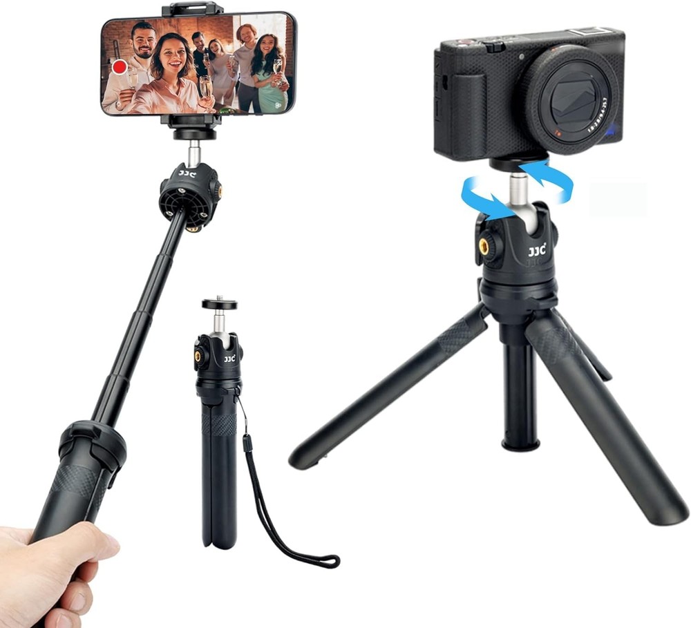 JJC 2 in 1 Extendable Mini Tripod & Selfie Stick, Black