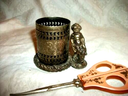 Vintage Filigree Ormolu Cherub Vanity Jar 1920s Celluloid Handle Scissors