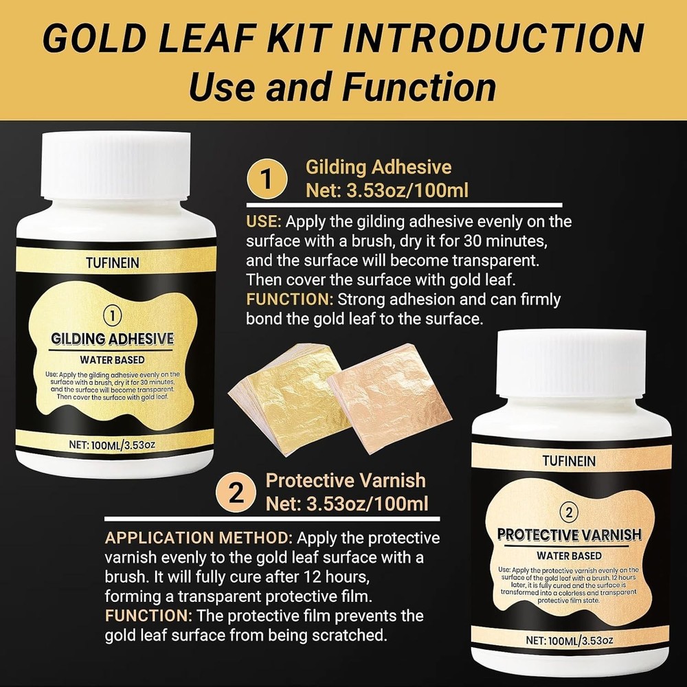 Versatile Gold Leaf Gilding Kit, 100ml Water-Based Adhesive & Tools Included