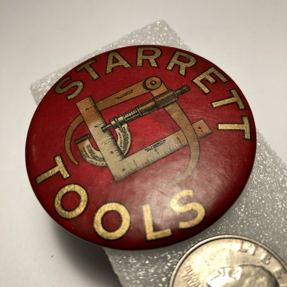 Rare Antique Starrett Tools Mirrored Back Advertising. 2-1/16”. Button.
