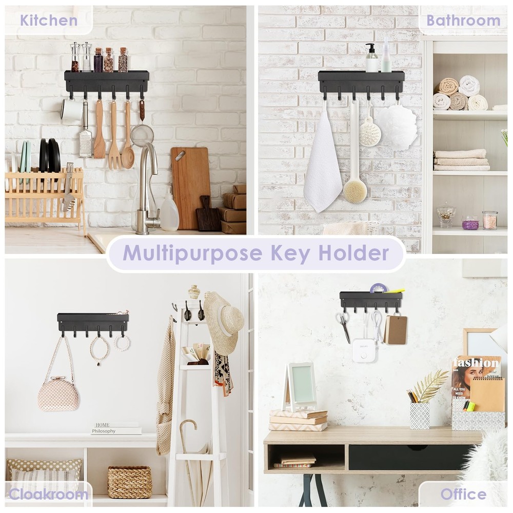 VIS'V Key Holder Wall Mount, Compact Adhesive Rack with Small, Black