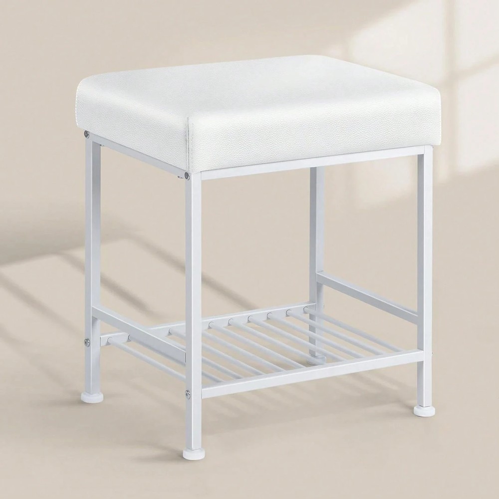 Storage Vanity Stool - Adjustable Square Ottoman With Leather, White
