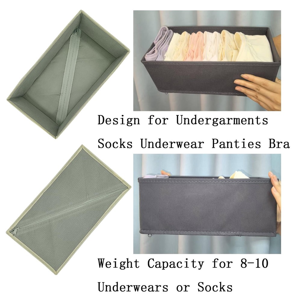 Bructhun Sock Drawer Organizer 3 Pack - Foldable Fabric Storage Light Gray