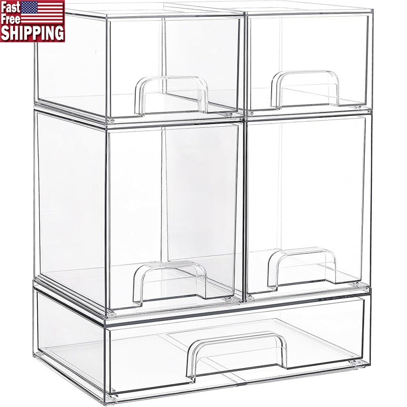 Stackable Acrylic Storage Drawers Multi-Purpose Organizer Non-Slip Handles New