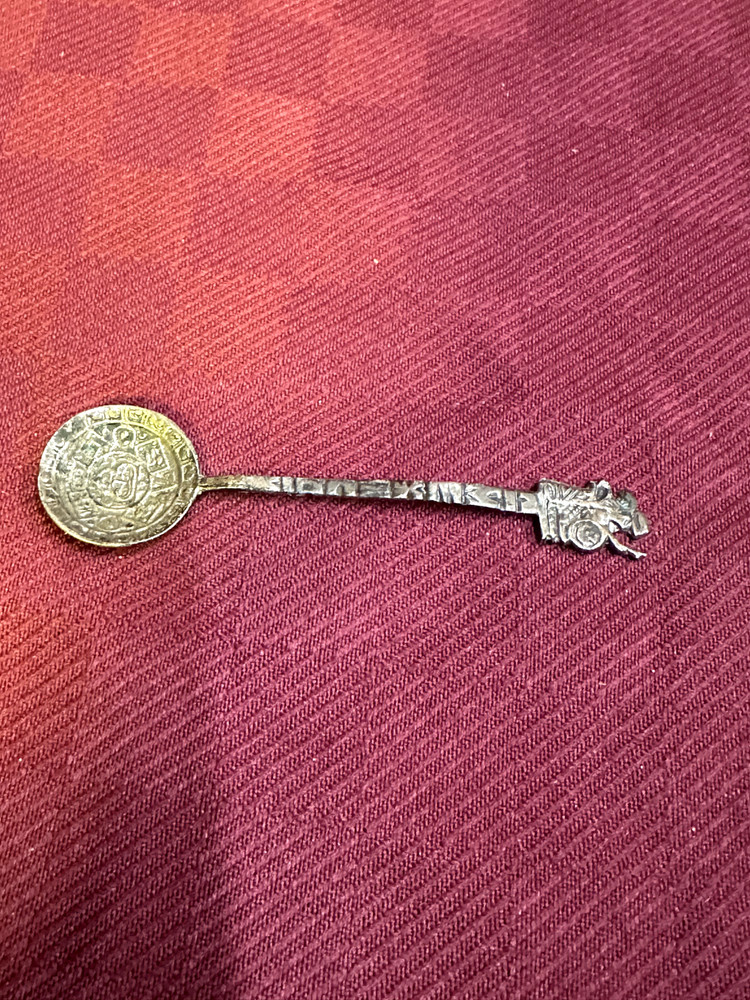 ANTIQUE  Tiny SILVER SOUVENIR MINI LADLE WITH AZTEC THEME 3 1/2"
