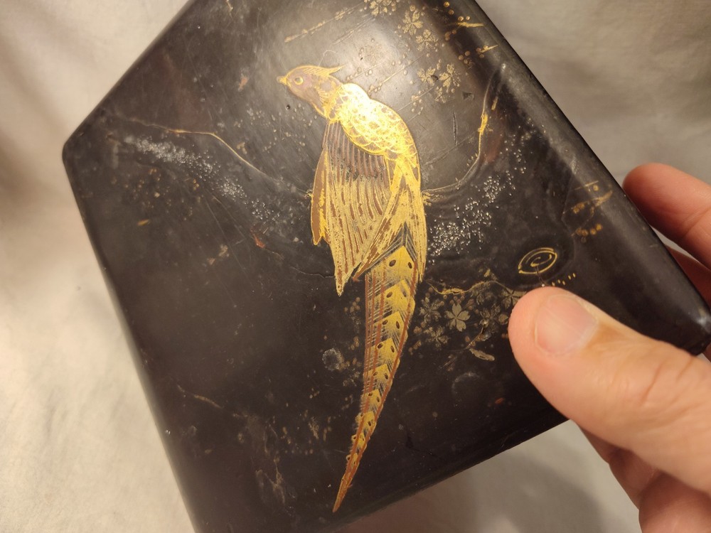 Antique Boho Shabby Chic Black Lacquer Japanese Box Pheasant Bird