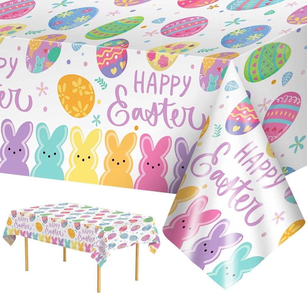 2 Pcs Happy Easter Table Cloth - Plastic Bunny Eggs Tablecloth, Disposable Re...