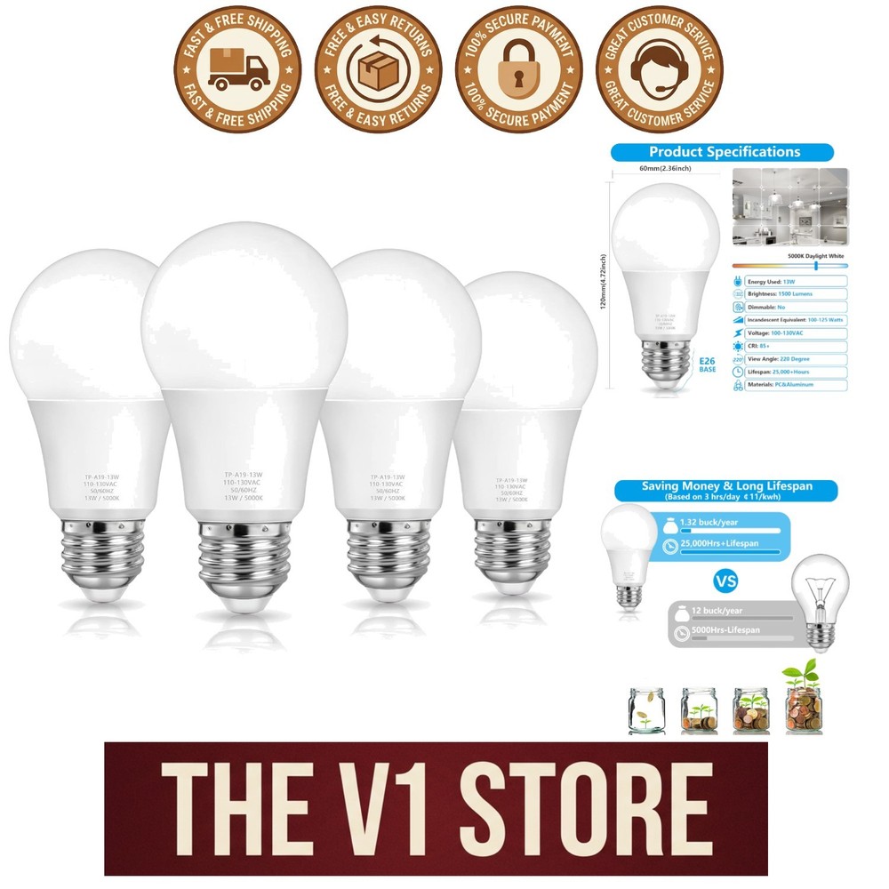 4-Pack A19 LED Light Bulbs, 100 Watt Equivalent, Daylight White 5000K, 1500LM