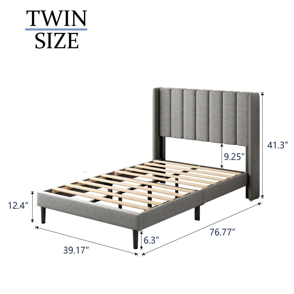 Twin Bed Frames with Wingback Headboard, Upholstered Platform Beds, No Box Sp...