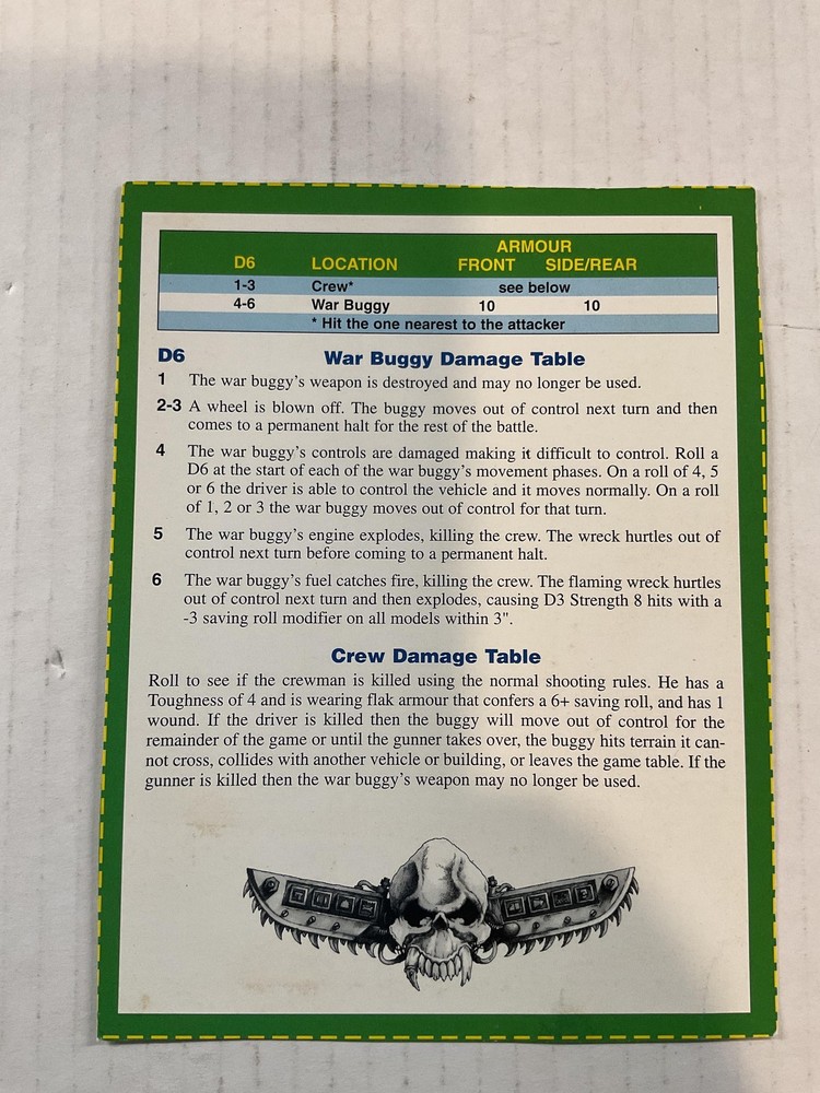 Games Workshop Warhammer 40K Ork War Buggy Vehicle Data Card Rules Sheet