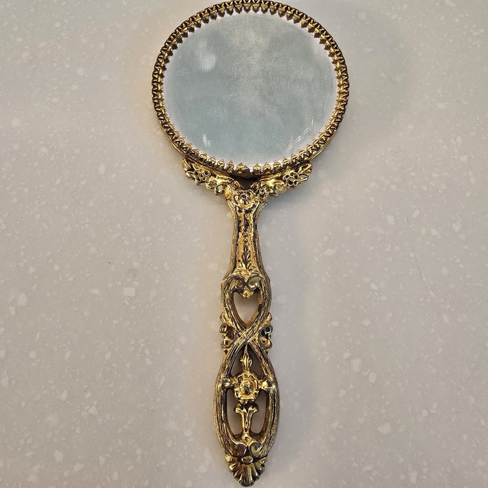 Antique Miniature Stylebuilt Hand Mirror - 7" Brass