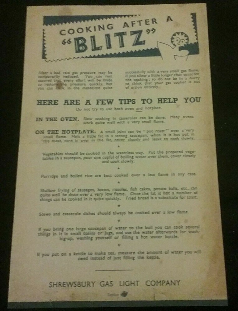 WW2 LEAFLET POSTER ON COOKING AFTER A BLITZ , HISTORY , BLITZ , SOUVENIR GIFT